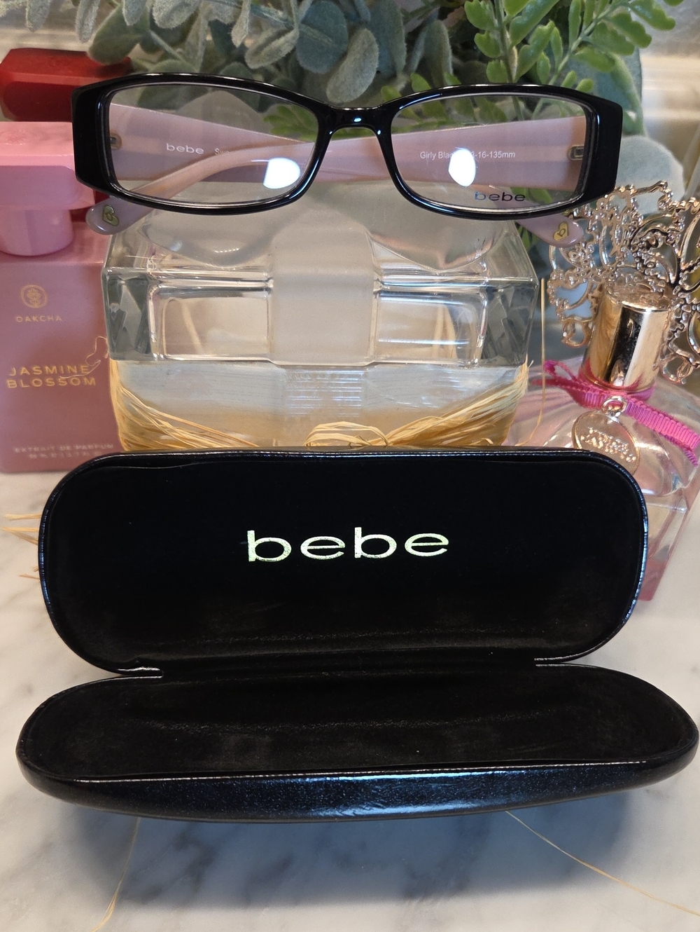 BEBE Black Frames with Pink Temples Rectangular Glasses EUC